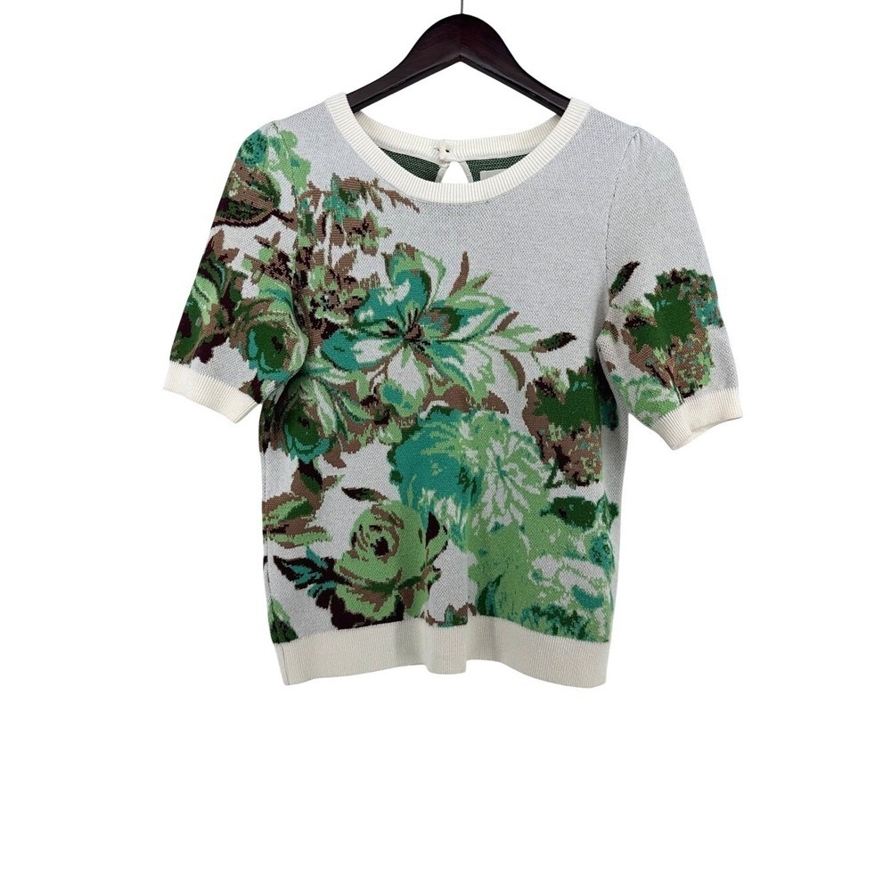 Maeve by Anthropologie Green Floral Intarsia Short Sleeve Sweater Small Keyhole